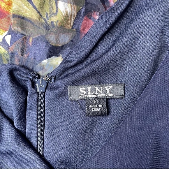 SLNY Navy Blue Floral Fit & Flare Dress Tulle Skirt Mesh Striped 14 Large - Picture 8 of 11